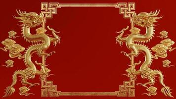 3d rendering illustration background for happy chinese new year 2024 the dragon zodiac sign with red and gold color, flower, lantern, and asian elements. photo