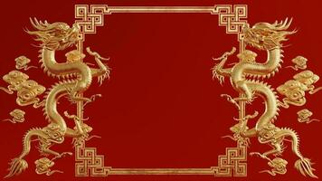 3d rendering illustration background for happy chinese new year 2024 the dragon zodiac sign with red and gold color, flower, lantern, and asian elements. photo