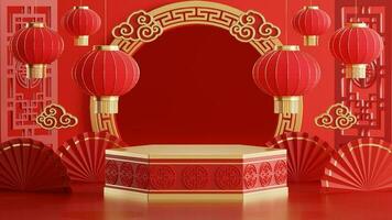 3d rendering illustration of podium round stage podium and paper art chinese new year, chinese festivals, mid autumn festival , red and gold ,flower and asian elements  on background. photo