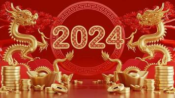 3d rendering illustration for happy chinese new year 2024 the dragon zodiac sign with flower, lantern, asian elements, red and gold on background. photo