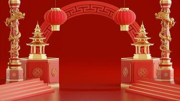 3d rendering illustration background for happy chinese new year 2024 the dragon zodiac sign with red and gold color, flower, lantern, and asian elements. photo