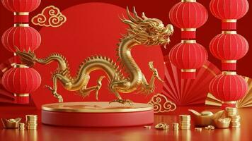 3d rendering illustration for happy chinese new year 2024 the dragon zodiac sign with flower, lantern, asian elements, red and gold on background. photo