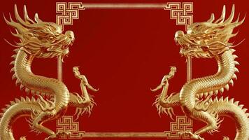 3d rendering illustration background for happy chinese new year 2024 the dragon zodiac sign with red and gold color, flower, lantern, and asian elements. photo