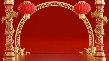 3d rendering illustration background for happy chinese new year 2024 the dragon zodiac sign with red and gold color, flower, lantern, and asian elements. photo