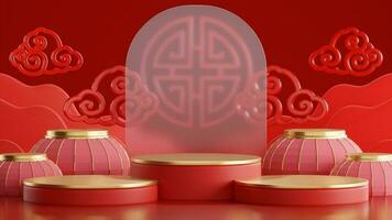 3d rendering illustration of podium round stage podium and paper art chinese new year, chinese festivals, mid autumn festival , red and gold ,flower and asian elements  on background. photo