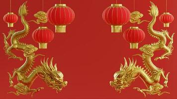 3d rendering illustration background for happy chinese new year 2024 the dragon zodiac sign with red and gold color, flower, lantern, and asian elements. photo