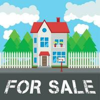 House for sale along the road. Part of the rural and urban landscape. Vector illustration in flat style.