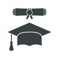 Graduation cap and diploma scroll icon vector illustration in flat style. Finish education symbol. Celebration element. Black graduation cap with diploma on white background.