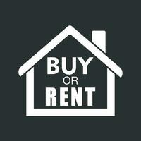 Buy or rent house. White home symbol with the question. Vector illustration in flat style on black background.