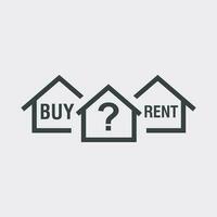 Buy or rent house. Black home symbol with the question. Vector illustration in flat style on white background.