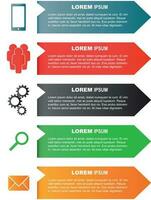 infografía plantillas con teléfono inteligente, gente, engranaje, lupa y SMS mensaje para negocio. color plano vector ilustración