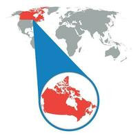 World map with zoom on Canada. Map in loupe. Vector illustration in flat style