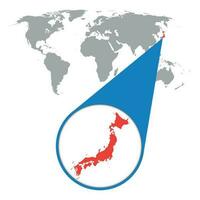 World map with zoom on Japan. Map in loupe. Vector illustration in flat style