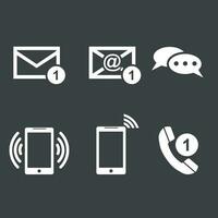 Contact buttons set icons. Email, envelope, phone, mobile. Vector illustration in flat style on black background.