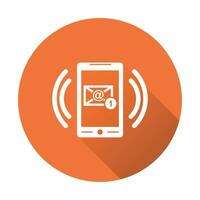 Smart phone with Email symbol on the screen. Vector illustration in flat style on round orange background.