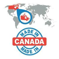 Made in Canada stamp. World map with red country. Vector emblem in flat style on white background.