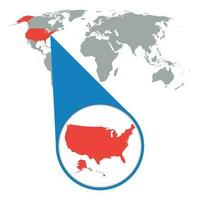 World map with zoom on Usa. America map in loupe. Vector illustration in flat style