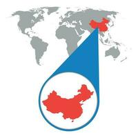 World map with zoom on China. Map in loupe. Vector illustration in flat style