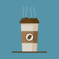 Coffee cup icon with coffee beans on blue background. Flat vector illustration