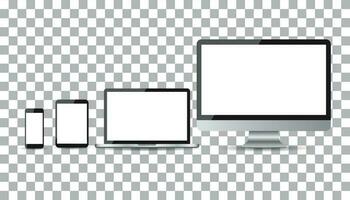 Realistic device flat Icons smartphone, tablet, laptop and desktop computer. Vector illustration