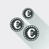 Euro coins icon. Vector illustration in flat style. Black coin on white background with long shadow.