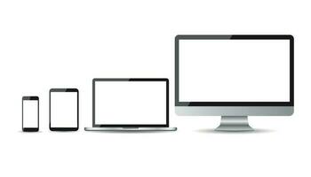 Realistic device flat Icon smartphone, tablet, laptop and desktop computer. Vector illustration