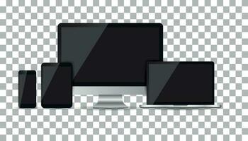 Realistic device flat Icons smartphone, tablet, laptop and desktop computer. Vector illustration