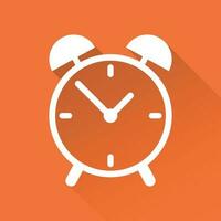 Clock icon, flat design. Vector illustration with long shadow on orange background.