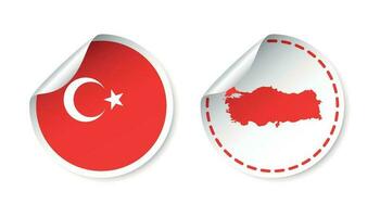 Turkey sticker with flag and map. Label, round tag with country. Vector illustration on white background.