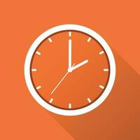 Clock icon, flat design. Vector illustration with long shadow on orange background.