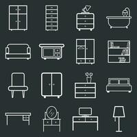 Furniture icons set. Flat vector illustration on black background. Universal icon for web design.