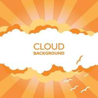 Clouds in the sky with sun rays. Flat vector illustration in cartoon style. Orange colorful background.Clouds in the sky with sun rays. Flat vector illustration in cartoon style