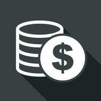 Money icon with shadow on black background. Coins vector illustration in flat style. Icons for design, website.