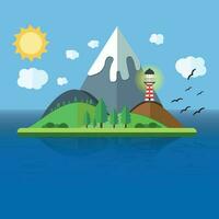 Paradise Island with mountain, hill, tree and birds. Summer time holiday voyage concept. Illustration in flat style. Travel background. vector