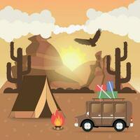 Travel car campsite place landscape. Mountains, desert, cactus, eagle and bonfire. Vector illustration in flat style.