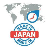 Made in Japan stamp. World map with red country. Vector emblem in flat style on white background.