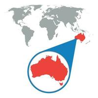 World map with zoom on Australia. Map in loupe. Vector illustration in flat style