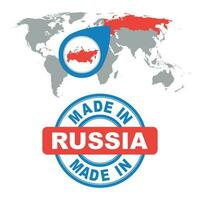 Made in Russia stamp. World map with red country. Vector emblem in flat style on white background.