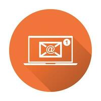 Email envelope message on laptop. Vector illustration in flat style on orange round background.