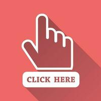 Click here icon. Hand cursor signs. Pink buttons with long shadow. Flat vector illustration.