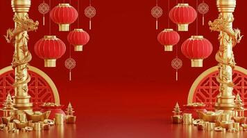 3d rendering illustration background for happy chinese new year 2024 the dragon zodiac sign with red and gold color, flower, lantern, and asian elements. photo