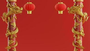 3d rendering illustration background for happy chinese new year 2024 the dragon zodiac sign with red and gold color, flower, lantern, and asian elements. photo