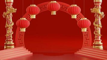 3d rendering illustration background for happy chinese new year 2024 the dragon zodiac sign with red and gold color, flower, lantern, and asian elements. photo
