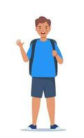 Portrait of happy school boy with backpack. Boy kid. Back to school. Vector illustration.