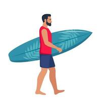 joven hombre camina con un tabla de surf hacia el mar. vector ilustración.