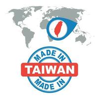 Made in Taiwan stamp. World map with red country. Vector emblem in flat style on white background.