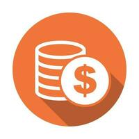 Money icon with shadow on orange round background. Coins vector illustration in flat style. Icons for design, website.