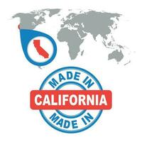 Made in California, America, USA stamp. World map with red country. Vector emblem in flat style on white background.