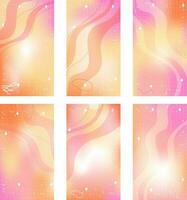 Trendy set of yellow orange pink blurry mesh gradient abstract storis template background with copy space and hand drawn Kawaii Y2K line and wave elements smooth and rounded doodles vector