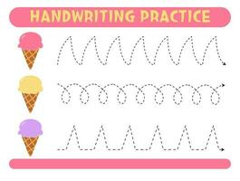 Tracing lines with cute ice cream. Handwriting practice. vector